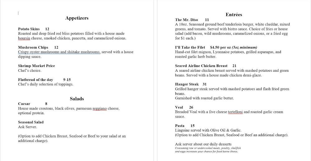 Diso's Bistro at All Nations Menu image 1